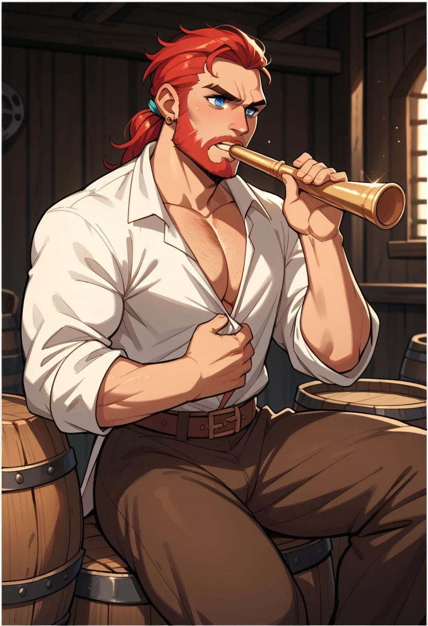   A pirate man,  sitting on a barrel.  This man is bald , thin and muscular, wears pirate attire ,  holds a flute , Has a red beard ,A cruel expression. vista frontal, blue eyes,comic style,cartoon style 