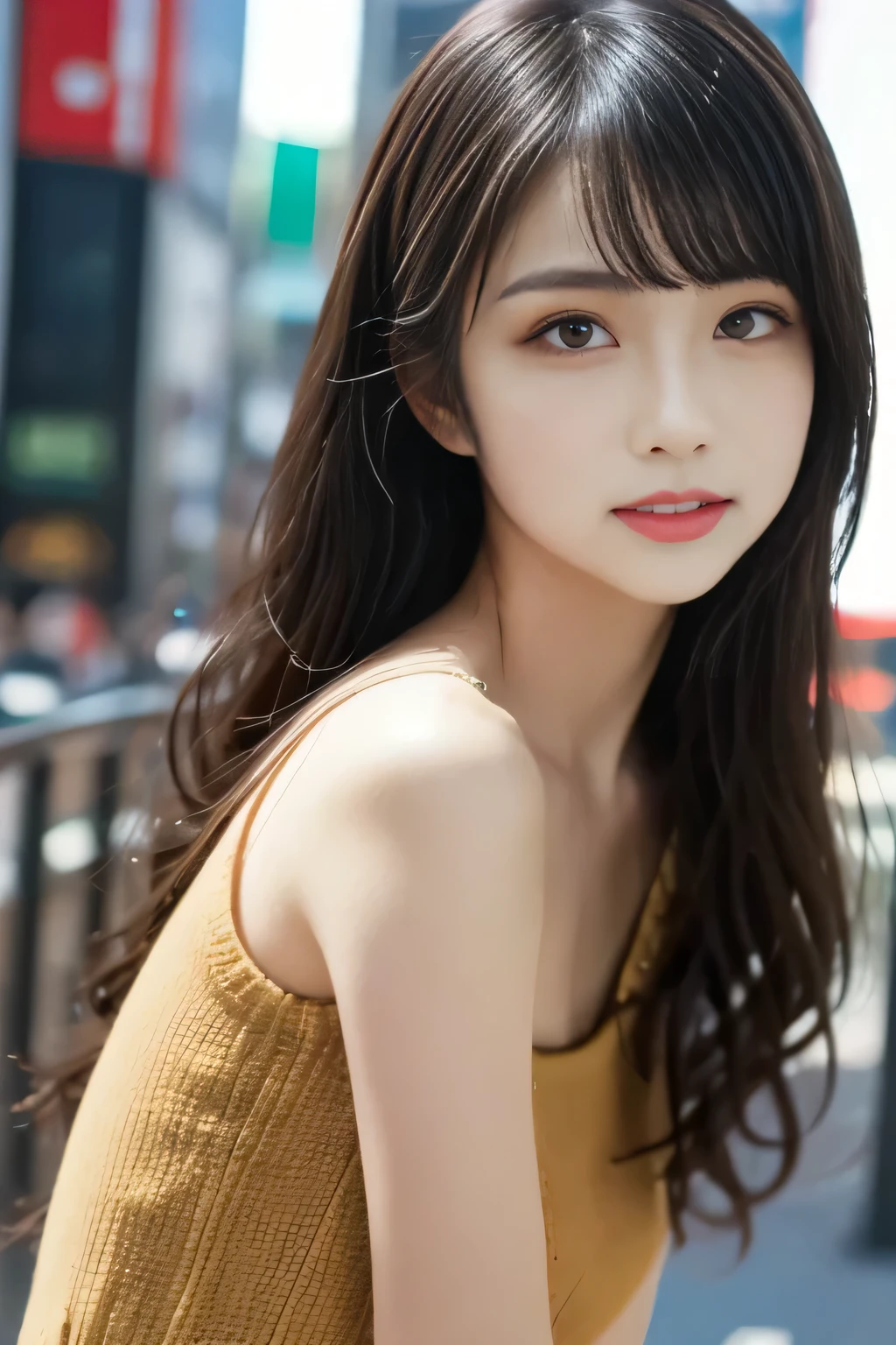 masutepiece, Best Quality, Illustration, Ultra-detailed, finely detail, hight resolution, 8K Wallpaper, Perfect dynamic composition, Beautiful detailed eyes, doress,Medium Hair, mid-chest, Natural Color Lip, Random and sexy poses,Smile,Aoyama Street Walk、20 years girl、huge tit、Too much exposure、Knit no shoulder（amarelo）、Exposing the chest、Slid