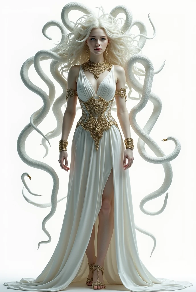 Medusa Greek mythology, (Ancient Greek long dress, white dress:1.3), (gold and silver accessories, wide collar, bracelets, armlets, bangles, earrings, wide waist belt),
The hair of many snakes, image of a white snake all over, white skin covered with shiny scales, sky blue eyes, slightly open moist lips, small fangs, cleavage, thin waist, wide hips, curvy perfect body, ( simple background, white background), (standing with legs open, full body shot), (view from behind:1.3), view from above, 
white snake image, 