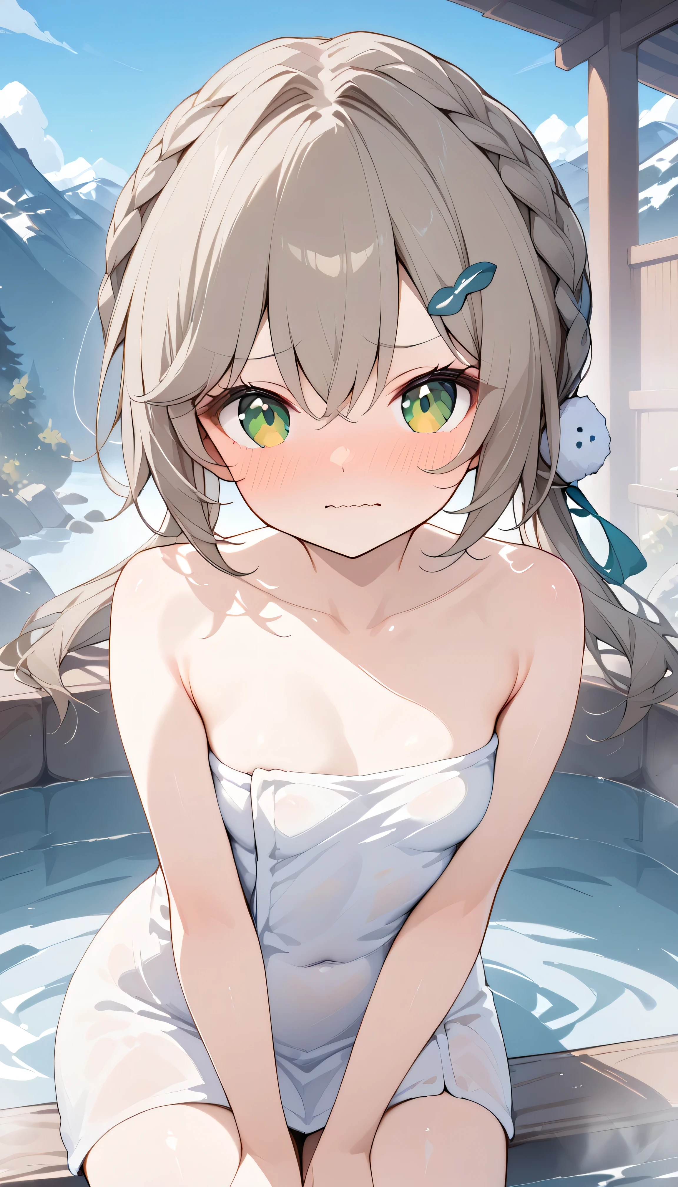 small breasts, brown hair, green eyes, braid, low twintails, hair ornament, hairpin, qingque, Alone, I can see my eyebrows from inside my hair, hair between eyes , looking at viewer, masterpiece, top quality , Outdoors hot spring Open-air Bath blue sky Mountain Snow Scenery winter steam White smoke Sigh embarrassing blush full-face blush naked towel, wavy mouth