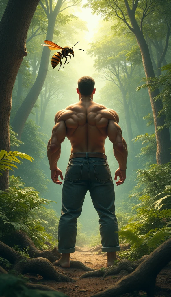 hombre en el forest, naked ass, Angle from below, forest, Sun light, masculine, hairy ass, bully, tattoos, stained, dirty, realist