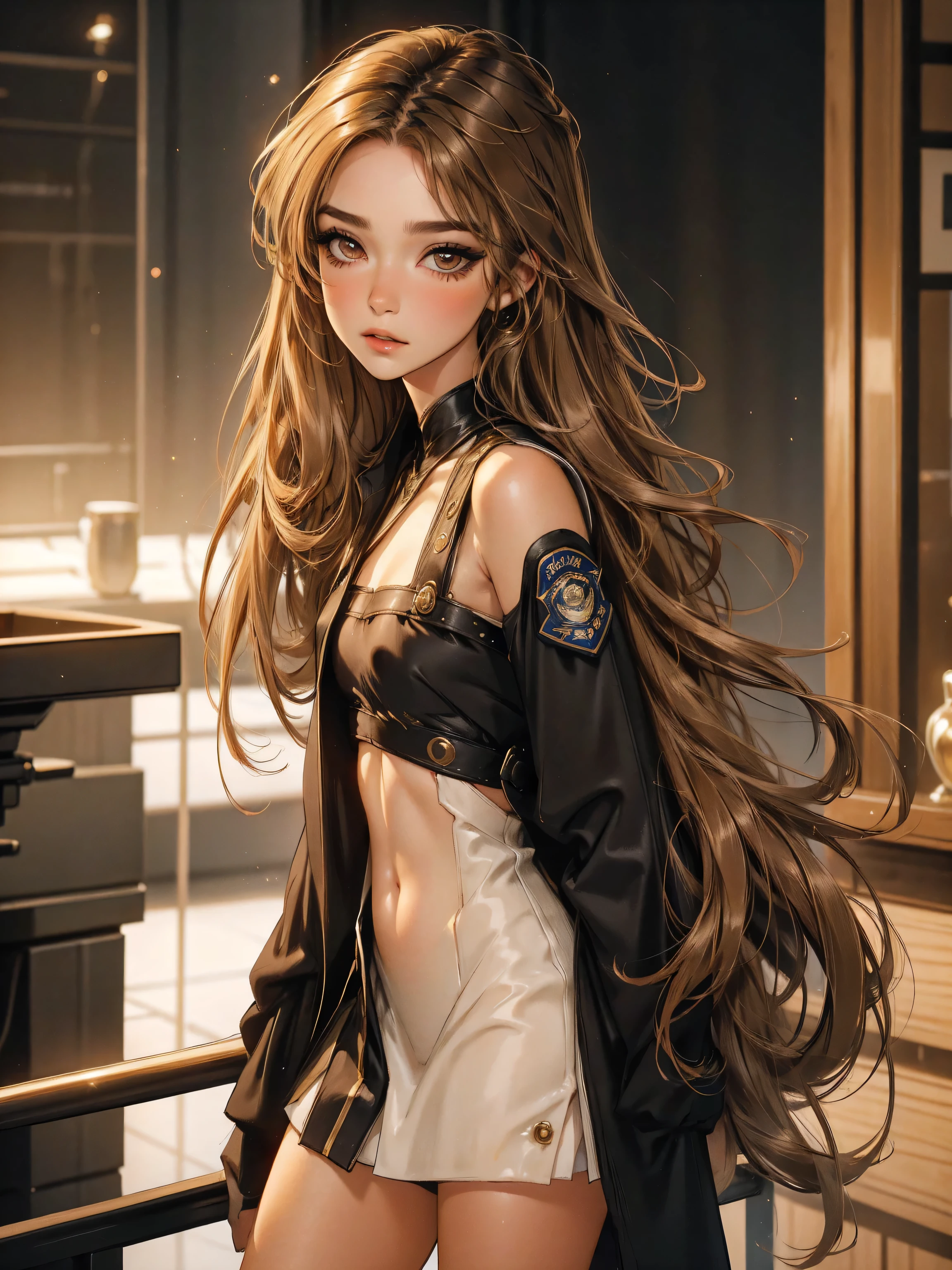 age girl-model 1, (only 1 girl), beautiful, golden brown hair, (shoulder length hair), medium length hair, glossy hair, pretty eyes, beautiful figure, beautiful long legs, , top quality, highest quality, pin-up style, (((police uniform,))), , dark makeup, small brests, skinny, slender body, ((mascara, eyeliner, nose blush))),, ninjartist style