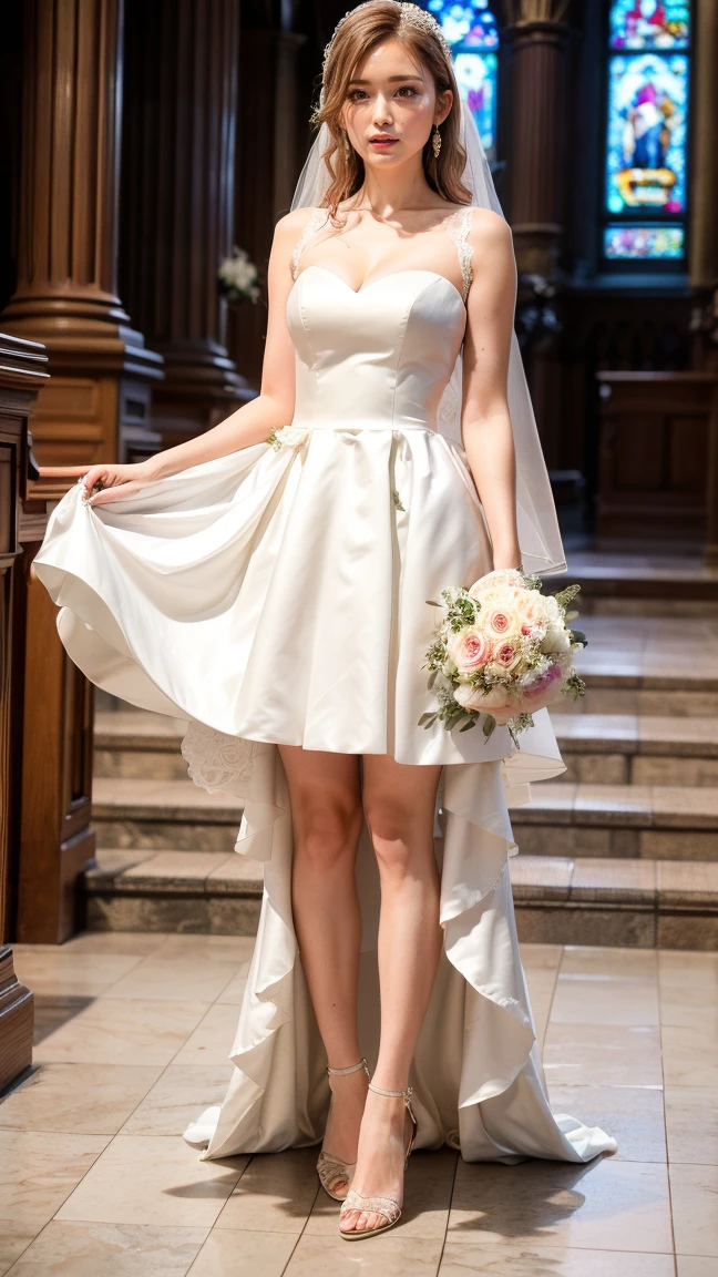 A beautiful young Japanese woman, 26 years old, with healthy thighs, beautiful legs, flawless skin, random hair color and style, large breasts, wearing a (wedding dress:1.3), (she is standing:1.2), full body shot, high heels, holding a bouquet in her hands, in a church setting, (best quality,8k, masterpiece:1.3), (extremely detailed:1.2), perfect anatomy