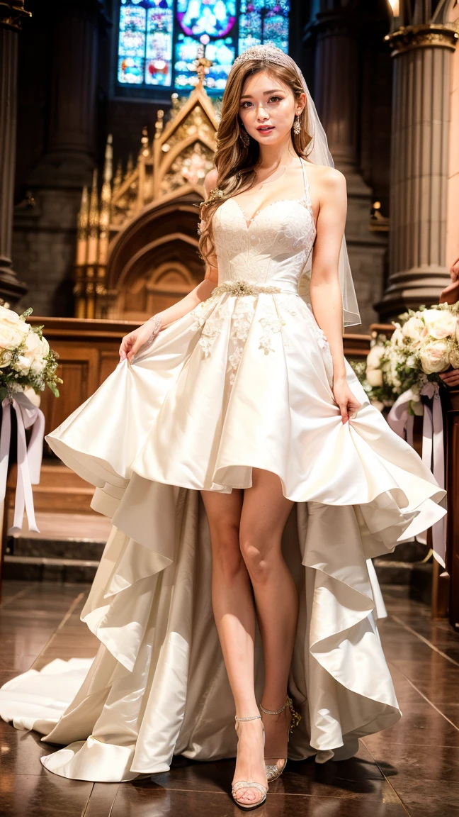 A beautiful young Japanese woman, 26 years old, with healthy thighs, beautiful legs, flawless skin, random hair color and style, large breasts, wearing a (wedding dress:1.3), (she is standing:1.2), full body shot, high heels, holding a bouquet in her hands, in a church setting, (best quality,8k, masterpiece:1.3), (extremely detailed:1.2), perfect anatomy