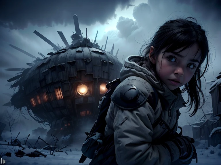  detail,8 k, Photorealistic, icon cinematic lighting ,  dramatic lighting),( apocalyptic , snowy winter landscape),(cute girl with a toy ,  short developing dark hair , a confused look ,  dynamic posture ),( the wreckage of a giant futuristic spaceship, cold icy environment ), wind, blizzard,  snow 