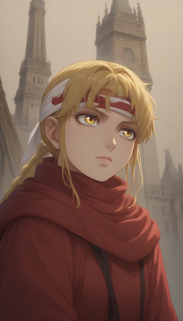  blond hair yellow eyes pony tail (((((**((Rachel Tower of God)))))))))  score_9, score_8_up, score_7_up, 1girl, kyoukai ((((cowl)))) ((headband)) slanted eyes 