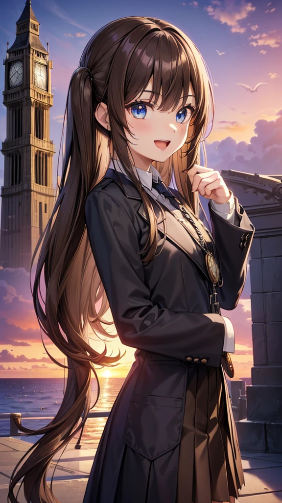 black long coat, very beautiful teenage tall girl,(16k, super high resolution , top quality,masterpiece, super detailed, Highly Detailed Facial Features,  perfect face,  Perfect Eyes , anatomically correct body), Straight hair&twintail,blue eyes, hair between eyes, ((light brown hair:1.3)), school uniform, white shirt,break,red pleated skirt,break, purple tie, Tree Eyes,((:d:1.3)),(( sunset sky:1.3)),((Ocean and horizon at the back of the screen:1.3)),((clock
tower:1.3)),front shot, looking at camera,standing on stone bridge,looking up, lots of seagulls flying in the sky,evening,((Pocket watch:1.3))