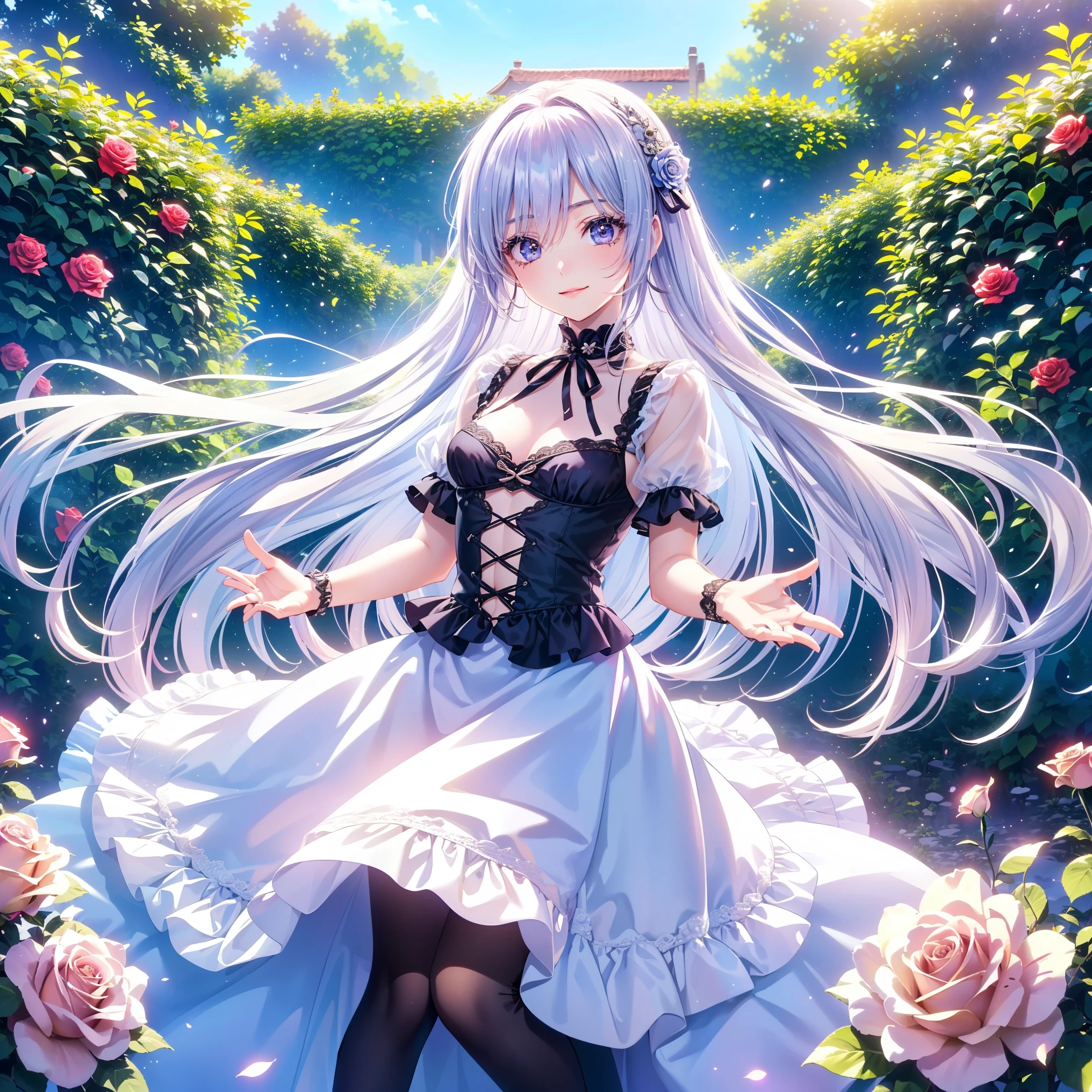 、Composed from head to foot 、 full body view、((masterpiece)), (( top quality )), (Anime:1.4), ( super detailed :1.2), ( High Definition :1.3), ( professional photoshoot:1.3), ( wide shot), ( sharp concentration), (Perfect light), ((************)), (( One Girl )), Textured Skin, cinematic lighting , One Girl , ((Beautiful gothic style **** pure white dress in a beautiful fantastic garden )), (Very hoop-dress), Luxury Rose Embroidery, Cute innocent girl , ((Loosely swayed bangs)), Thin and small breasts , (long silk hair ), (gothic ****makeup), (( Dark Circles Under Eyes)), lower lashes, beautiful hair, smile, (), Light Particles, (( lift the skirt with your hands)), In a beautiful and wonderful garden, (Red rose garden)