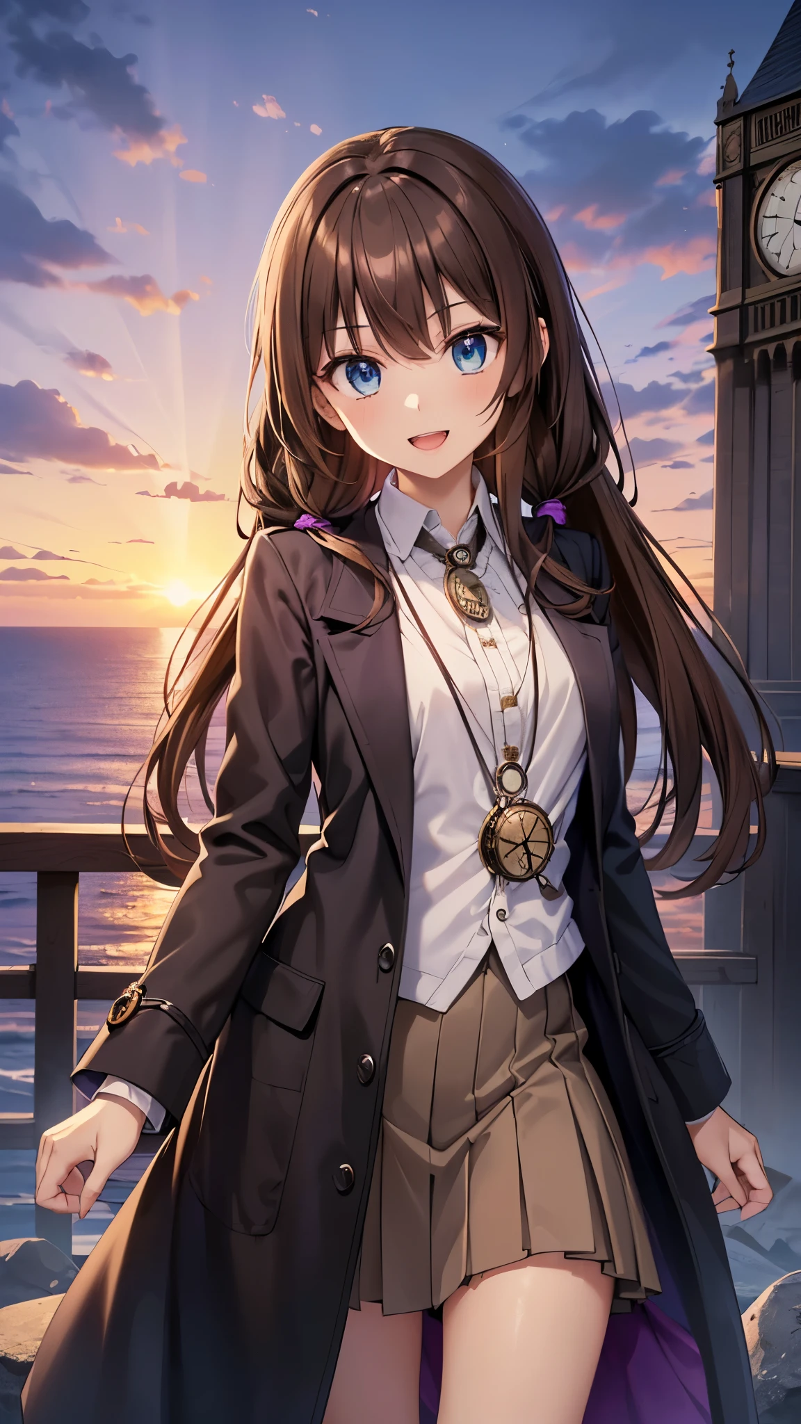 black long coat, very beautiful teenage tall girl,(16k, super high resolution , top quality,masterpiece, super detailed, Highly Detailed Facial Features,  perfect face,  Perfect Eyes , anatomically correct body), Straight hair&twintail,blue eyes, hair between eyes, ((light brown hair:1.3)), school uniform, white shirt,break,red pleated skirt,break, purple tie, Tree Eyes,((:d:1.3)),(( sunset sky:1.3)),((Ocean and horizon at the back of the screen:1.3)),((clock
tower:1.3)),front shot, looking at camera,standing on stone bridge,looking up, lots of seagulls flying in the sky,evening,((Pocket watch:1.3))