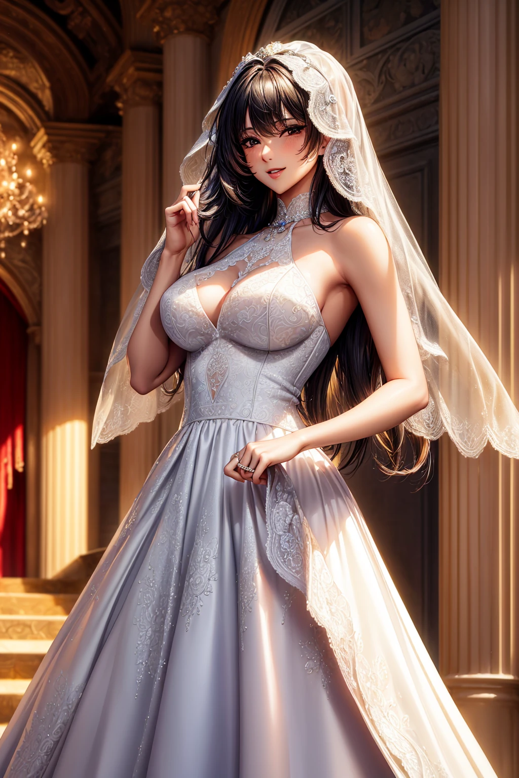 (masterpiece:1.3, top-quality), ultra high res, ultra detailed, (realistic, photorealistic:1.4), beautiful illustration, perfect lighting, colorful, depth of fields, looking at viewer, (face focus, upper body), (((1girl, 独奏))), hight school girl, gravure model, (large breasts:0.8),large ass,(((seductive thighs, skindentation))), (middle hair:1.2, half updo:1.2), light brown hair, bangs, braided bangs, dark brown eyes, drooping eyes, parted lips, shiny skin, beautiful hair, beautiful face, extremely detailed face, beautiful detailed eyes, beautiful clavicle, beautiful body, beautiful chest, beautiful thigh, beautiful legs, beautiful fingers, (detailed cloth texture, orange tops,Ultra-high resolution, Super detailed, (Realistic, photoRealistic:1.4), Beautiful illustrations, Perfect lighting, colorful, Depth of written boundary, View your viewers, whole body, Front view:0.6, 1 Girl, alone, Japanese, (Large Breasts:0.8, Big Ass, Captivating thighs, Skin Dentition), (Long Hair:1.5, Messy Hair:1.2), Light purple hair, 非対称のbangs, (Shiny skin), Beautiful Hair, Beautiful Face, Highly detailed face, Beautiful attention to detail, Beautiful clavicle, Beautiful body, Beautiful breasts, Beautiful thighs, Beautiful feet, Beautiful fingers, (Beautiful views), night, Beautiful attention to detail, Beautiful lip detail, Expression of joy, Close-up of a beautiful bride in a beautiful wedding dress, Gurwitz,(Pillory:1.5), (Flail:1.2), Flail on the head, Flail on the hands,(Bridal Veil: 1.5), (transparent short veil: 1.5), Blushed, Flower head, tiara, Very exquisite princess wedding dress,(tube wedding dress: 1.5), (Silk dress: 1.2 ), (Strapless Wedding Dress: 1.5), (floor-length skirt:1.2), Pure white dress,White long skirt, necklace, Earrings, (Huge breasts: 1.3), Deep V-neck sweetheart wedding dress, bangs, lipstick, (Lace gloves: 1.3), High definition RAW color art,garnet necklace, (beautiful scenery), night,((standing in the palace:1.5)), (seductive-smile),((Dark brown eyes)),Oily skin,(((black panties:.15))),large breasts, gigantic breasts, sagging breasts,