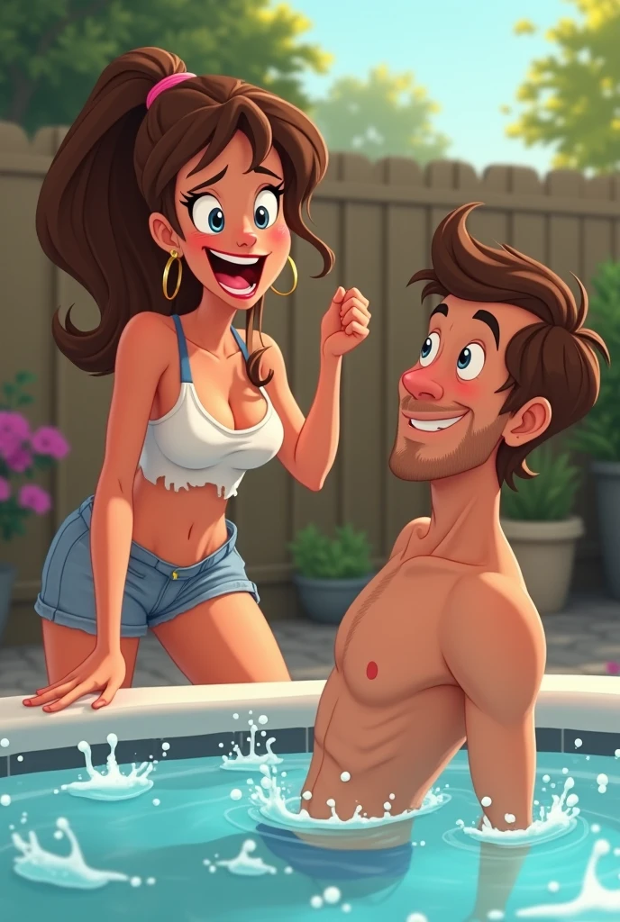 Create an illustration showing a young brunette with long hair and green eyes.. In a black swimsuit in the pool. A young man with very long hair is trying to win her over by giving her a fly spray.. Wearing a blue swimsuit and a fluorescent yellow t-shirt.  The girl is REJECTING him and looking at him with a disgusted face. 