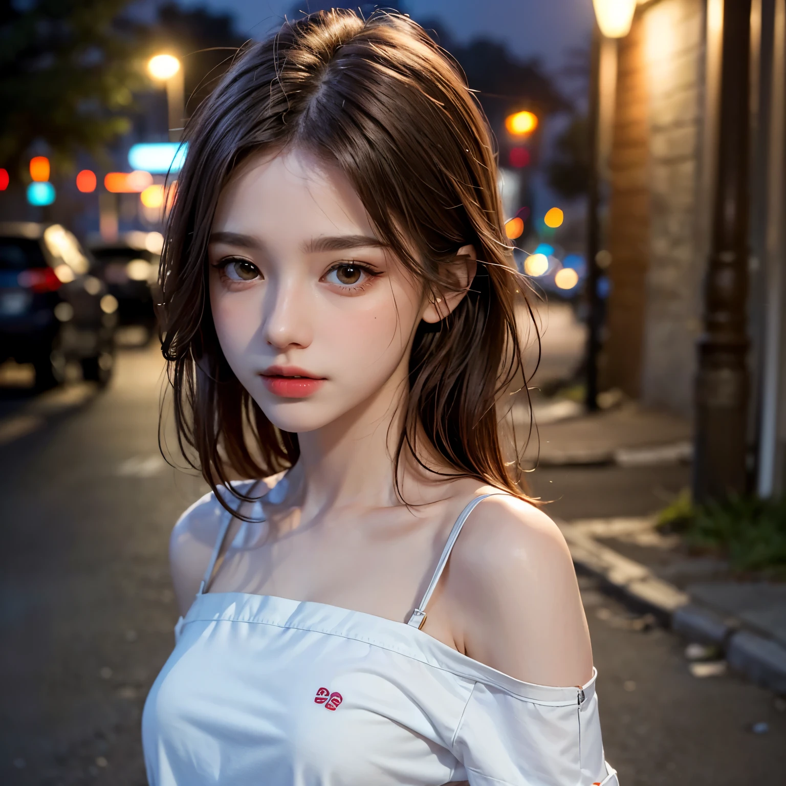 Black T-shirt, Long Hair, highest quality, masterpiece, Ultra-high resolution, (Realistic:1.4), RAW Photos, One Girl, Off the shoulder, In the Dark, Deep Shadow, Moderate, Golden Ratio, roadside,walk, 20-year-old,Cute Face, Slightly larger breasts, (head shot:1.5)