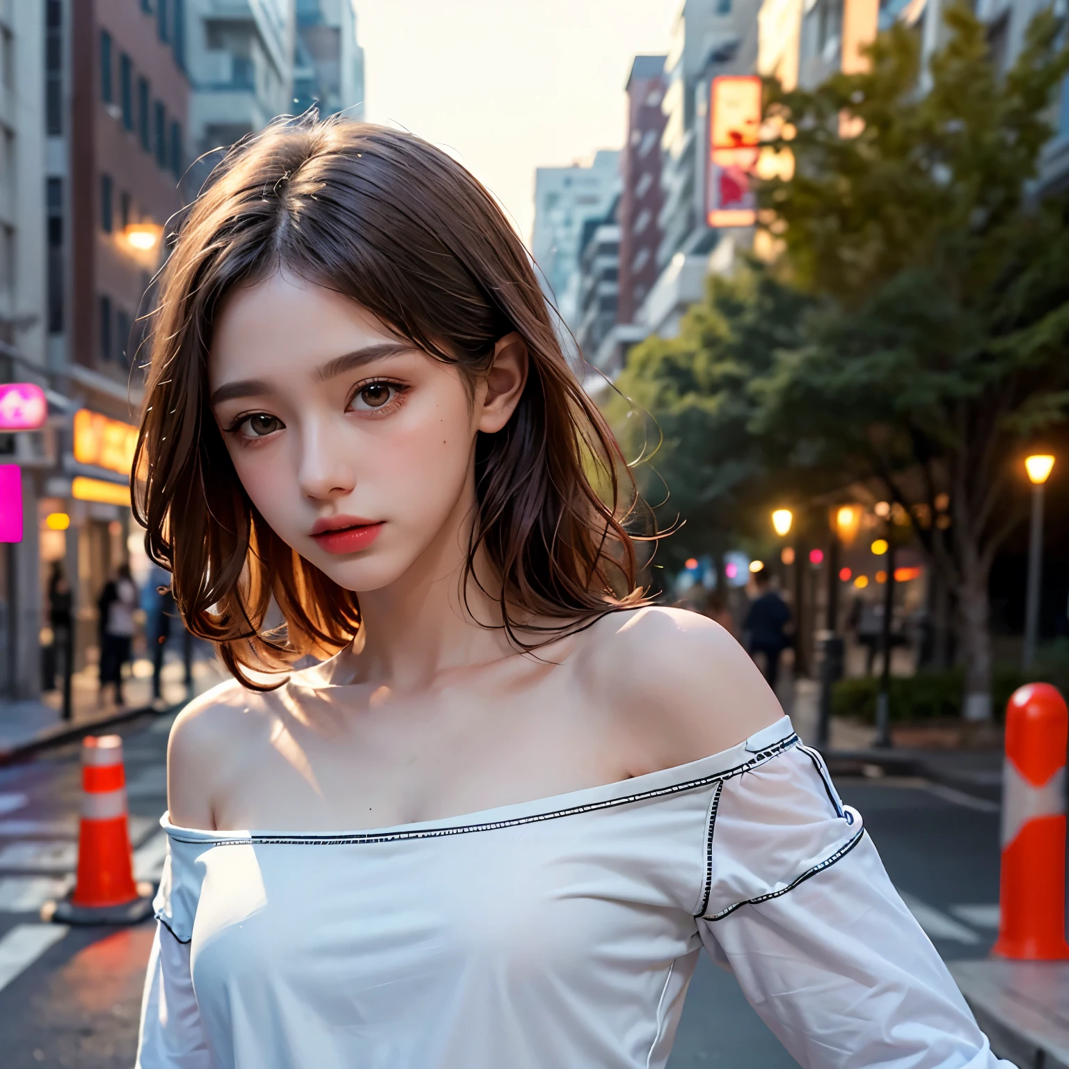 long straight hair, light brown eyes, one-shoulder neckline, white skin,