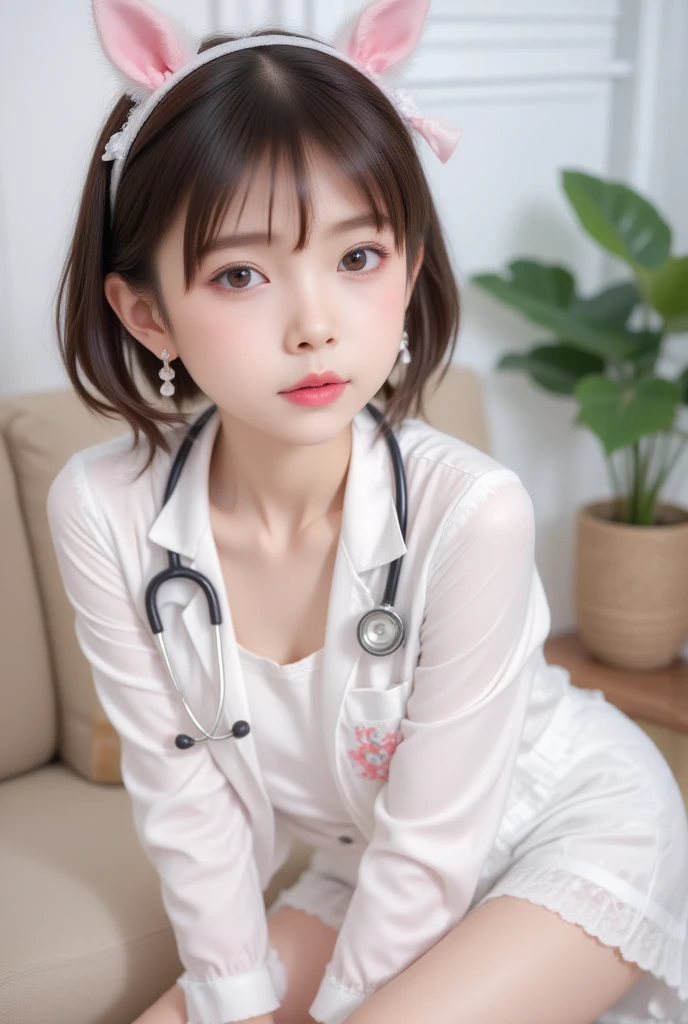 1girl, solo, looking at viewer, short hair, brown hair, brown eyes, pantyhose, lips, coat, plant, couch, realistic, labcoat, stethoscope, blinds, doctor,horseoilsocks