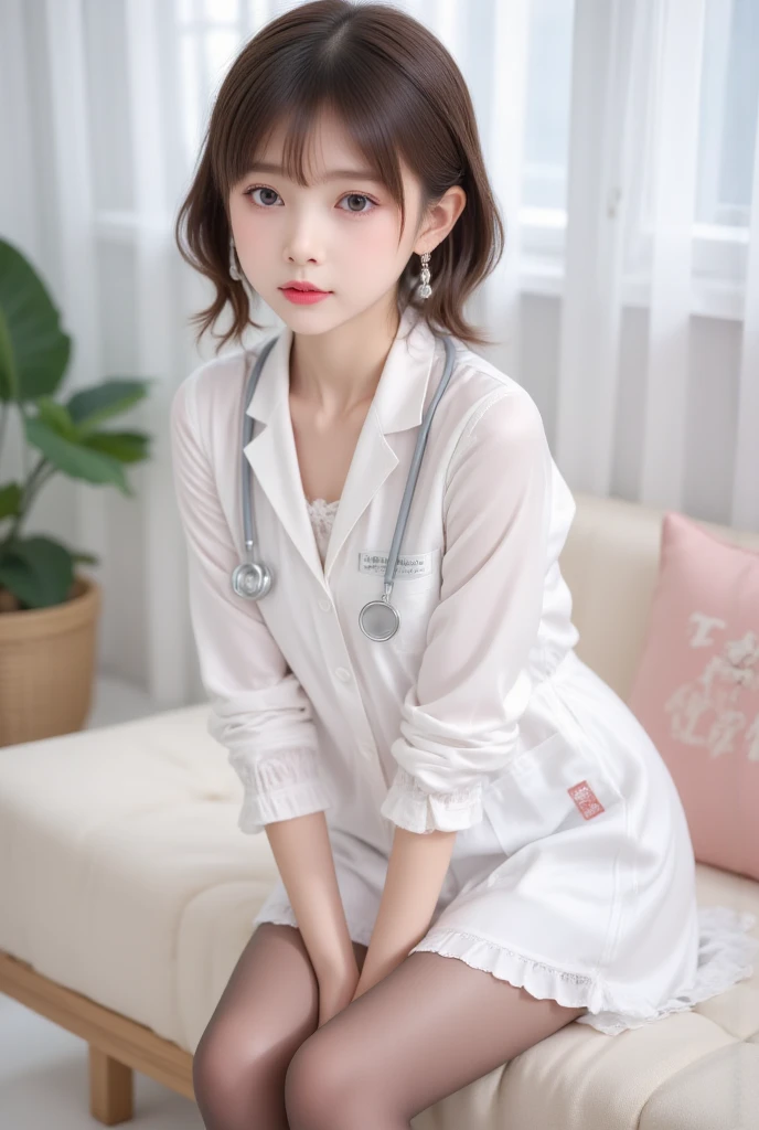 1girl, solo, looking at viewer, short hair, brown hair, brown eyes, pantyhose, lips, coat, plant, couch, realistic, labcoat, stethoscope, blinds, doctor,horseoilsocks