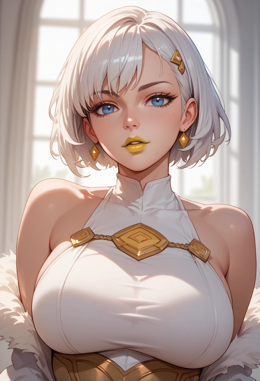 woman, white hair, white skin, big breasts, anime style, yellow lipstick, short hair, Jentry chau 