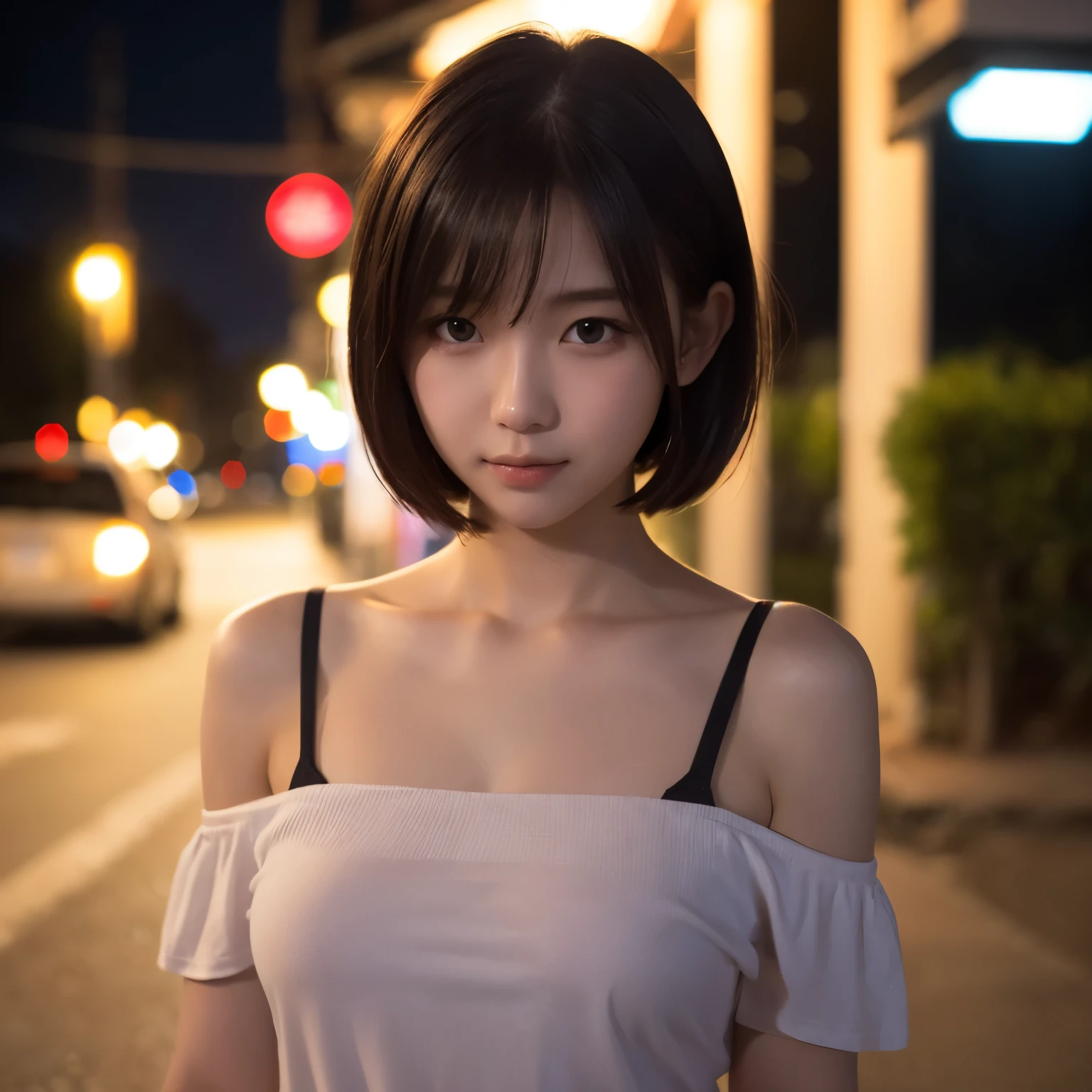 Super detailed super high quality super high quality surreal photograph japanese woman Fair skin ((half-open lips:1.3)) beautiful and soft skin ((Beautifully styled straight short hair)) beautiful and perfect body very cute A beautiful and transparent young man々new skin 16 years oldl girl wearing a sleeveless shirt) big breasts everyday city busy city ((night)) viewer'perspective Front view (big breasts:1.3) (NSFW:1.2)) (cleavage) (amazingly cute girl:1.3) (full body portrait)