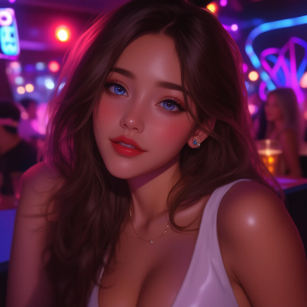 young woman, Blue eyes. Adriana Lima's eyes. A mixture of Jenny and Adriana Lima.Cherry red wavy hair. Adriana Lima's face.Bright expressive beautiful blue eyes. Pink lips

