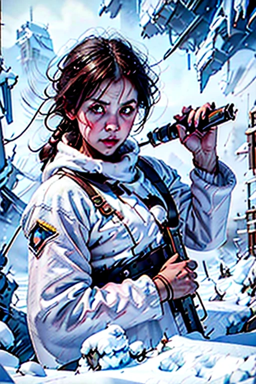  detail,8 k, Photorealistic, icon cinematic lighting ,  dramatic lighting),( apocalyptic , snowy winter landscape),(cute girl with a toy ,  short developing dark hair ,  threatening look ,  dynamic posture , weapon),( the wreckage of a giant futuristic spaceship, cold icy environment ), wind, blizzard,  snow 