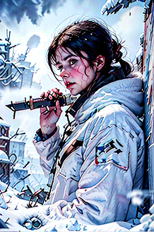  detail,8 k, Photorealistic, icon cinematic lighting ,  dramatic lighting),( apocalyptic , snowy winter landscape),(cute girl with a toy ,  short developing dark hair ,  threatening look ,  dynamic posture , weapon),( the wreckage of a giant futuristic spaceship, cold icy environment ), wind, blizzard,  snow 