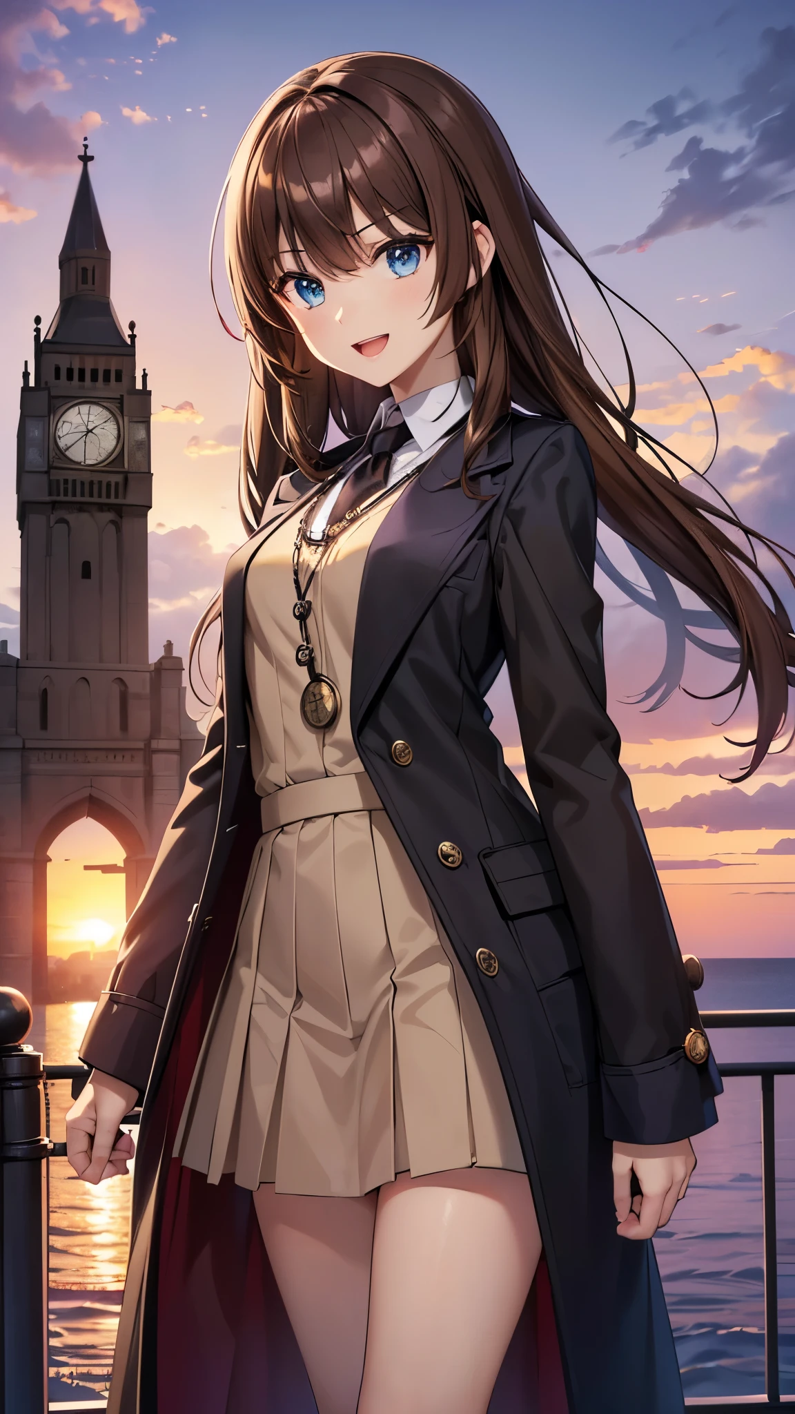 black long coat, very beautiful teenage tall girl,(16k, super high resolution , top quality,masterpiece, super detailed, Highly Detailed Facial Features,  perfect face,  Perfect Eyes , anatomically correct body), Straight hair&twintail,blue eyes, hair between eyes, ((light brown hair:1.3)), school uniform, white shirt,break,red pleated skirt,break, purple tie, Tree Eyes,((:d:1.3)),(( sunset sky:1.3)),((Ocean and horizon at the back of the screen:1.3)),((clock
tower:1.3)),front shot, looking at camera,standing on stone bridge,looking up, lots of seagulls flying in the sky,evening,((Pocket watch:1.3))