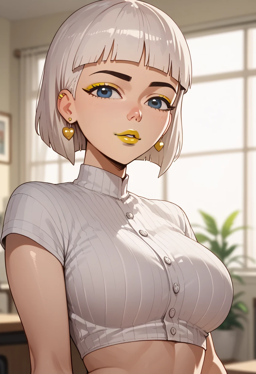 woman, white hair, white skin, big breasts, anime style, yellow lipstick, short hair, Jentry chau 