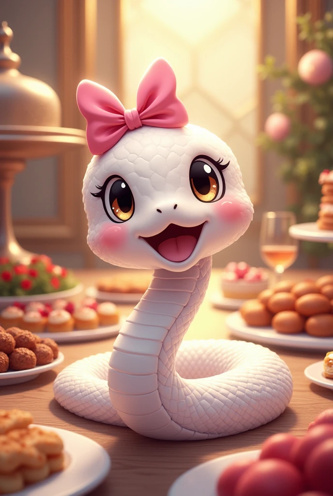 A very cute white snake with a pink ribbon on its head is dressed up and heading to a New Year's party, background imagine a nice venue, nice food, anime manga illustration, ultra detailed, absolutely resolution, masterpiece