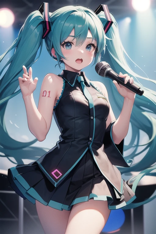  top quality 、 high image quality 、 Details、 beautiful、  Hatsune Miku 、Singing on the virtual stage 、Handheld microphone、What is the arm number"01"