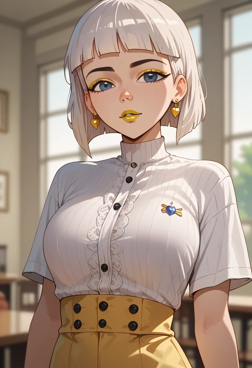 woman, white hair, white skin, big breasts, anime style, yellow lipstick, short hair, Jentry chau 