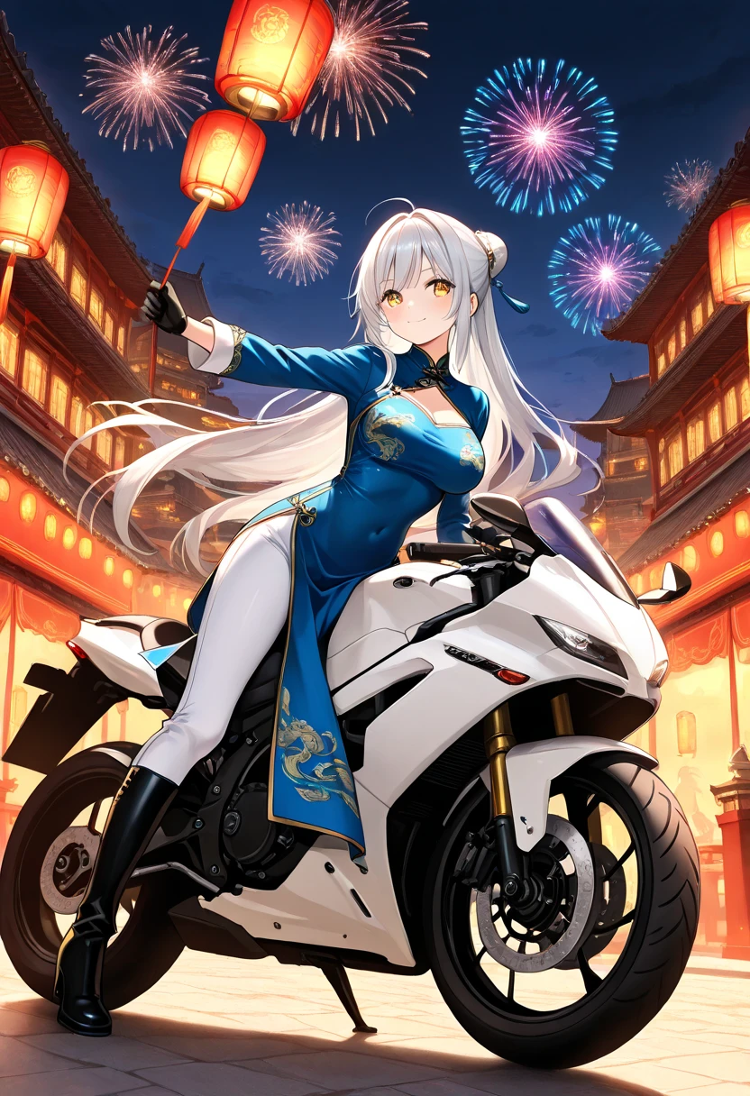 1girl, long hair, breasts, looking at viewer, blush, smile, bangs, large breasts, gloves, long sleeves, dress, sitting, very long hair, closed mouth, yellow eyes, white hair, boots, outdoors, sky, black gloves, pants, hair bun, black footwear, night, blue dress, chinese clothes, knee boots, ground vehicle, night sky, china dress, motor vehicle, lantern, white pants, riding, architecture, fireworks, east asian architecture, motorcycle, paper lantern