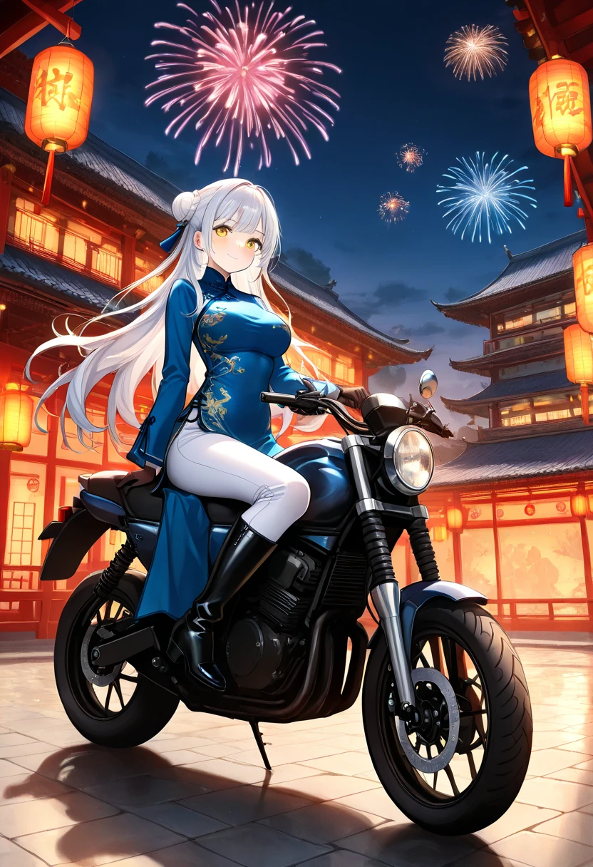 1girl, long hair, breasts, looking at viewer, blush, smile, bangs, large breasts, gloves, long sleeves, dress, sitting, very long hair, closed mouth, yellow eyes, white hair, boots, outdoors, sky, black gloves, pants, hair bun, black footwear, night, blue dress, chinese clothes, knee boots, ground vehicle, night sky, china dress, motor vehicle, lantern, white pants, riding, architecture, fireworks, east asian architecture, motorcycle, paper lantern