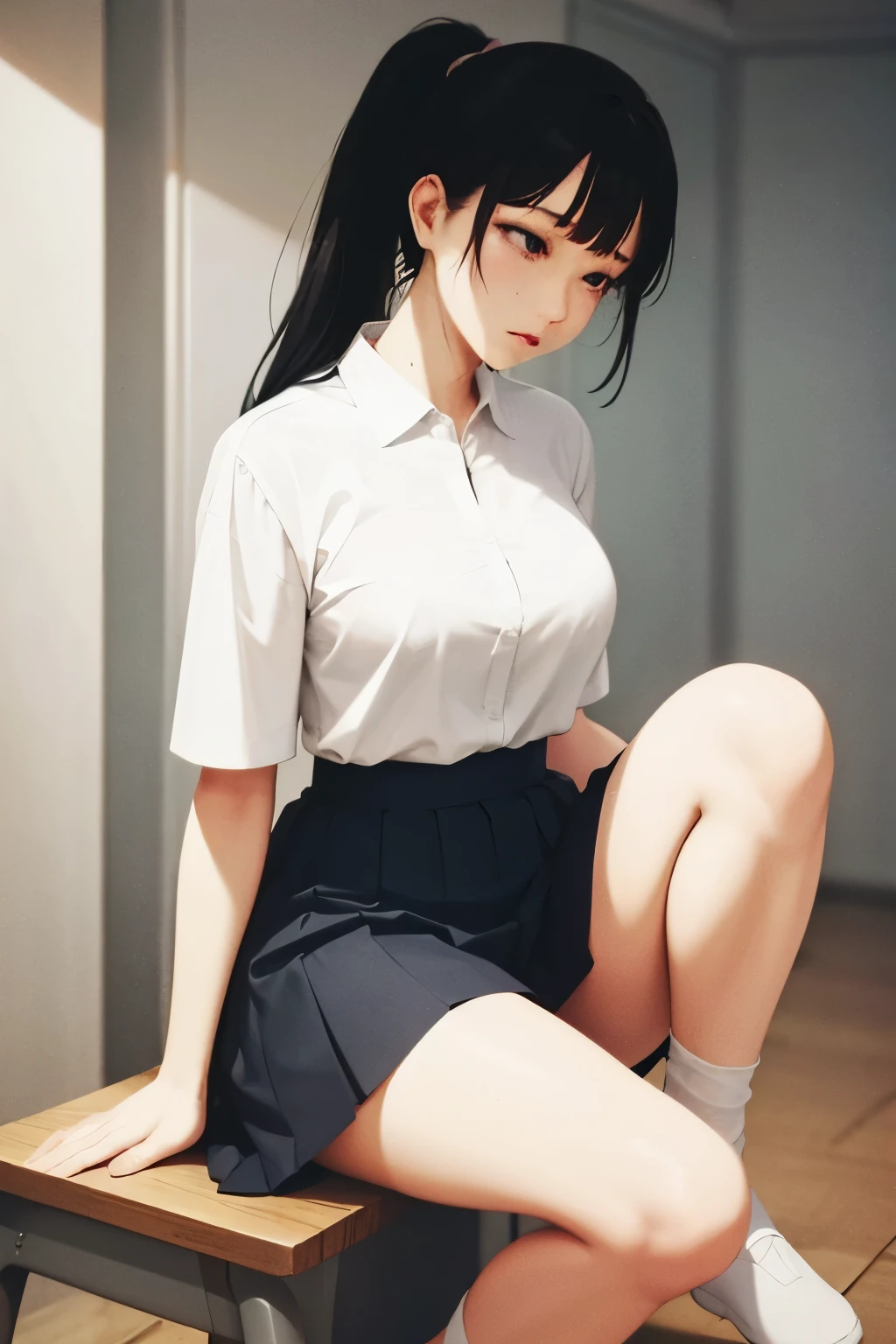 Realistic pictures、18-year-old、The real picture、realization ,Best image quality、1 girl, Sayla Mass, elegant,Spread your legs,White pantiesーを見せる, Tabletop, Complex,超ミニskirt、White panties、 Realistic, highest quality, Absurd, Plenty of facial detail, Perfect Eyes, 18-year-old, Cowboy Shot, , Bright colors, White Uniform, skirt