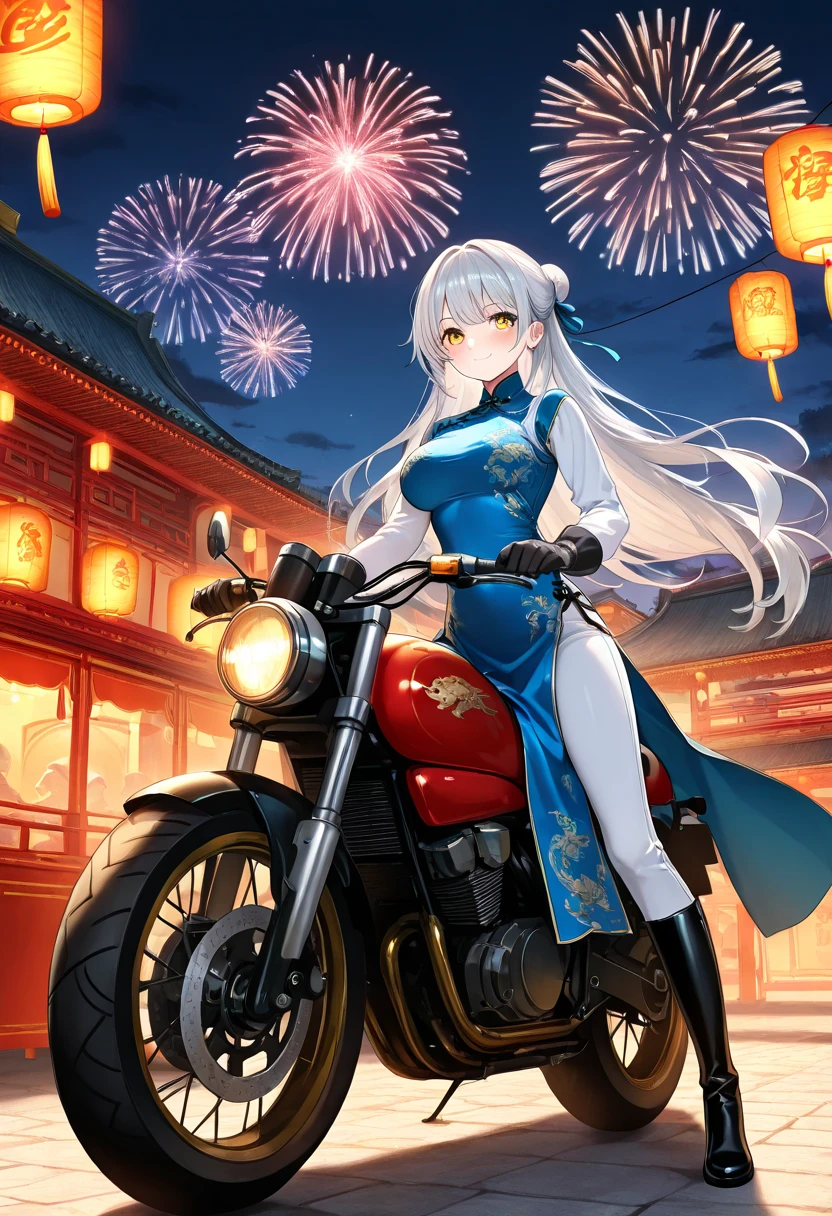 1girl, long hair, breasts, looking at viewer, blush, smile, bangs, large breasts, gloves, long sleeves, dress, sitting, very long hair, closed mouth, yellow eyes, white hair, boots, outdoors, sky, black gloves, pants, hair bun, black footwear, night, blue dress, chinese clothes, knee boots, ground vehicle, night sky, china dress, motor vehicle, lantern, white pants, riding, architecture, fireworks, east asian architecture, motorcycle, paper lantern