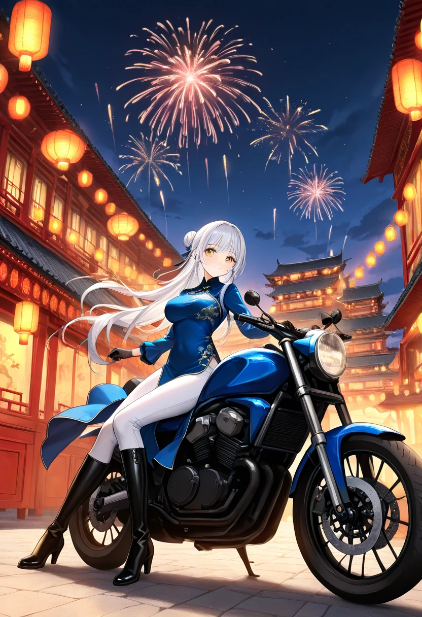 1girl, long hair, breasts, looking at viewer, blush, smile, bangs, large breasts, gloves, long sleeves, dress, sitting, very long hair, closed mouth, yellow eyes, white hair, boots, outdoors, sky, black gloves, pants, hair bun, black footwear, night, blue dress, chinese clothes, knee boots, ground vehicle, night sky, china dress, motor vehicle, lantern, white pants, riding, architecture, fireworks, east asian architecture, motorcycle, paper lantern