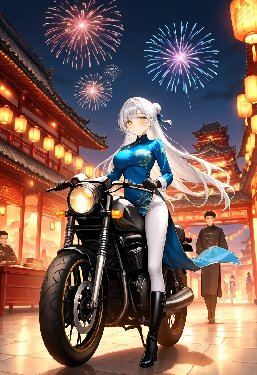 1girl, long hair, breasts, looking at viewer, blush, smile, bangs, large breasts, gloves, long sleeves, dress, sitting, very long hair, closed mouth, yellow eyes, white hair, boots, outdoors, sky, black gloves, pants, hair bun, black footwear, night, blue dress, chinese clothes, knee boots, ground vehicle, night sky, china dress, motor vehicle, lantern, white pants, riding, architecture, fireworks, east asian architecture, motorcycle, paper lantern