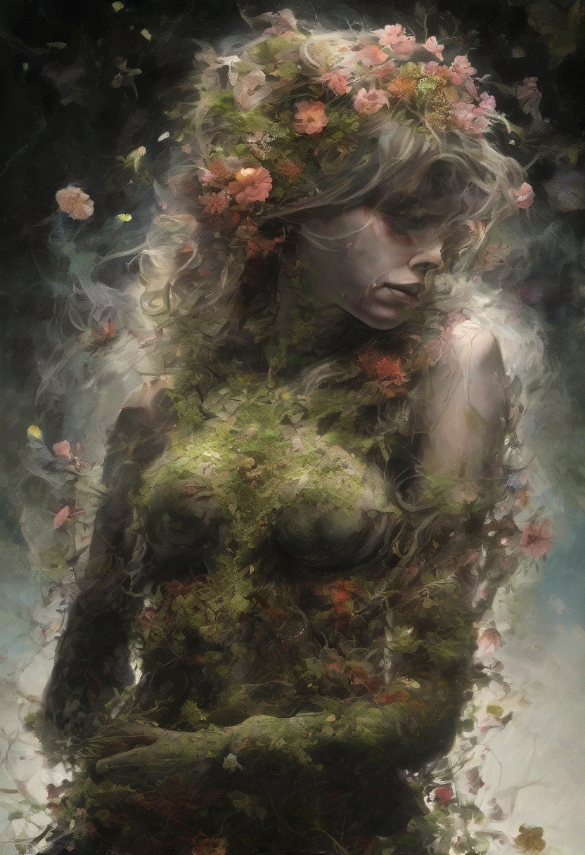 A wild and fierce naked Bretonian bandit woman, standing confidently amidst a mystical forest, her wild hair flowing in the breeze, adorned with nature-inspired tattoos. The background features lush greenery, dappled sunlight filtering through the leaves, and hints of ancient ruins. The scene captures a sense of freedom and rebellion, with a whimsical and vibrant color palette reminiscent of a storybook illustration in the style of Arthur Rackham. (((oil painting)))