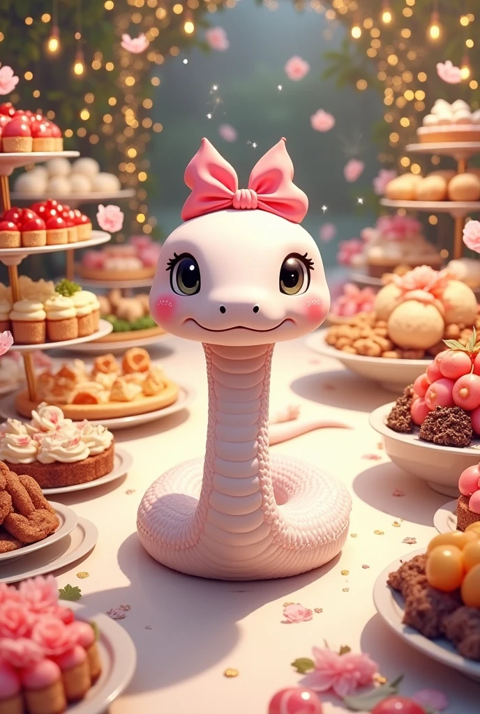 A very cute white snake with a pink ribbon on its head is dressed up and heading to a New Year's party, background imagine a nice venue, nice food, anime manga illustration, ultra detailed, absolutely resolution, masterpiece