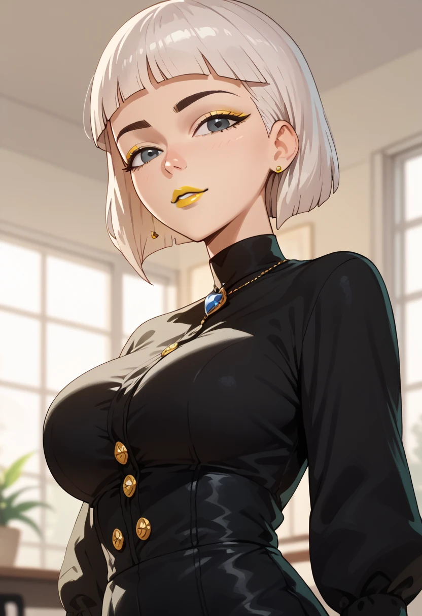 woman, white hair, white skin, big breasts, anime style, yellow lipstick, short hair, black blouse, Jentry chau 