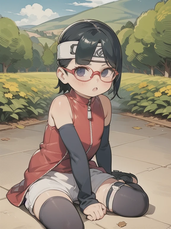 One girl,alone,Black Hair,short hair, Iris,skinny, Forehead protector,(dress:1.1),(White shorts:0.8), Black knee socks, Thigh holster, Arm warmers, Exposing shoulders, Outdoor,pelvis,赤いフレームのGlasses, Glasses,pelvis curtain, In-person audience, zipper, Shiny Hair,Combat Stance