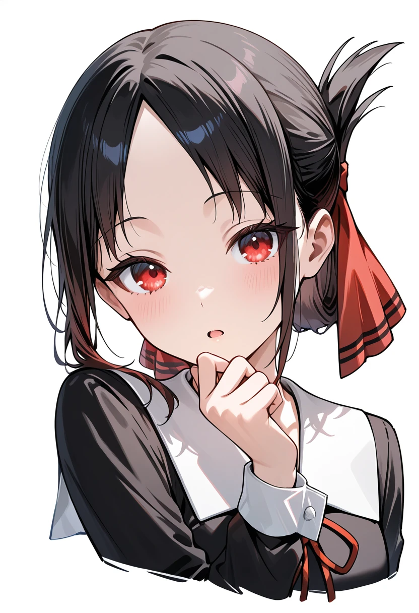 shinomiya kaguya \(kaguya-sama wa kokurasetai ~tensai-tachi no renai zunousen~\), 1girl, black hair, red eyes, parted bangs, folded ponytail, short hair, hand on own face, parted lips, sidelocks, open mouth, school uniform, long sleeves, black dress, hair ribbon, dress, neck ribbon, collared dress, looking at viewer, solo, white background, simple background, upper body, cropped torso, shuuchiin academy school uniform, red ribbon, hand up