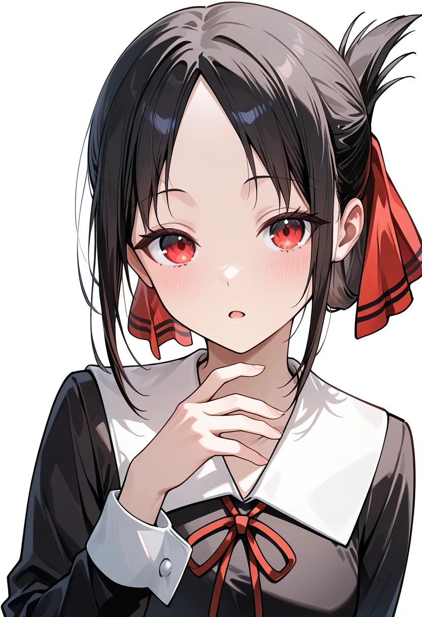 shinomiya kaguya \(kaguya-sama wa kokurasetai ~tensai-tachi no renai zunousen~\), 1girl, black hair, red eyes, parted bangs, folded ponytail, short hair, hand on own face, parted lips, sidelocks, open mouth, school uniform, long sleeves, black dress, hair ribbon, dress, neck ribbon, collared dress, looking at viewer, solo, white background, simple background, upper body, cropped torso, shuuchiin academy school uniform, red ribbon, hand up