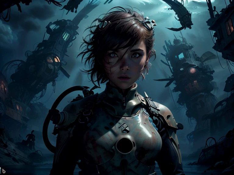  detail,8 k, Photorealistic, icon cinematic lighting ,  dramatic lighting,(cute scuba diving girl ,  short dark hair,  threatening look ,  dynamic posture ),( wreckage of a giant futuristic submarine, water), ( behind the panoramic window the apocalyptic , Underwater world)