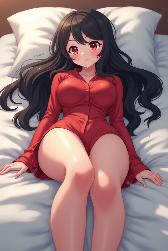 MAKI ZENIN FROM JUJUTSU KAISEN, Sitting in bed,random pose, beautiful body, beautiful face,Large breasts:86cm,G cup breasts,Anime art,Red pajamas, masterpiece,Best quality detailed
