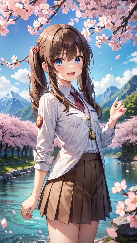 very beautiful teenage tall girl,(16k, super high resolution , top quality,masterpiece, super detailed, Highly Detailed Facial Features,  perfect face,  Perfect Eyes , anatomically correct body), Straight hair& high twintail,blue eyes, hair between eyes, ((light brown hair:1.3)), school uniform, white shirt,break,red pleated skirt,break, purple tie, Tree Eyes,((:d:1.3)),((cherryblossom tree:1.3)),((mountain & small river at the back of the screen:1.3)),front shot, looking at camera,standing on stone bridge,looking up, lots of small birds flying in the sky,((Pocket watch:1.3))