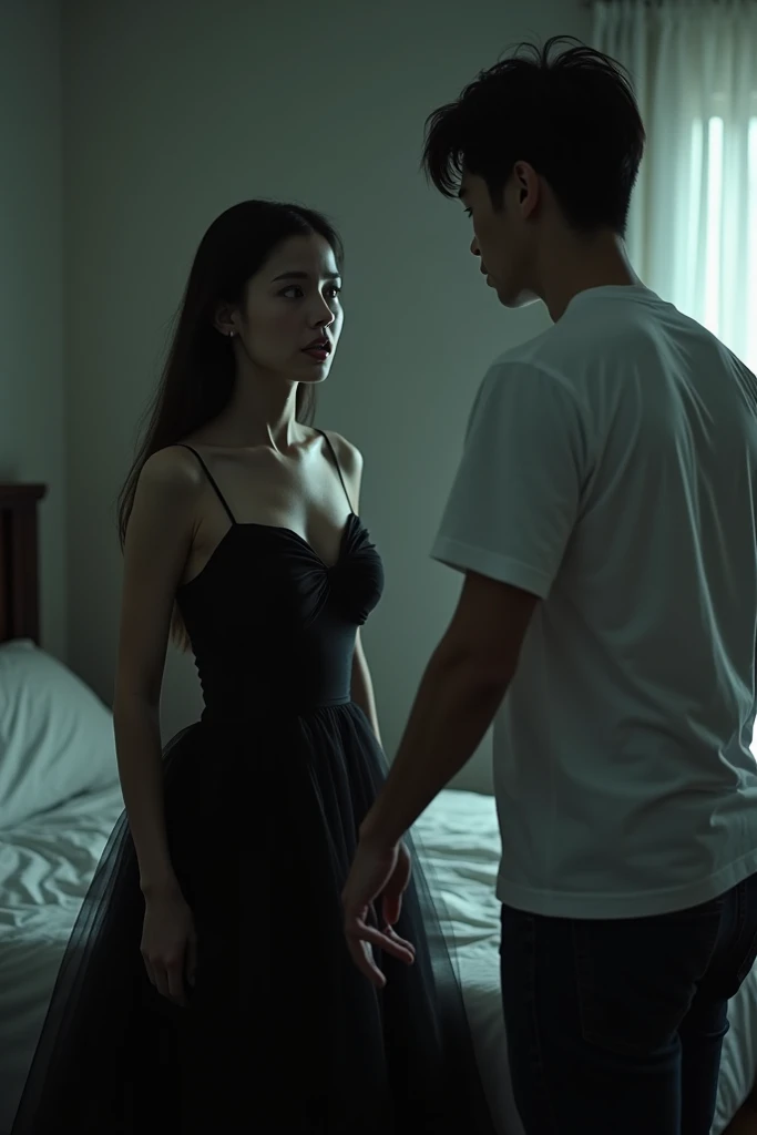 uma freira, She has her hands together in front of her body, Next to her there is a man wearing a black dress shirt, he has his hand on her neck.