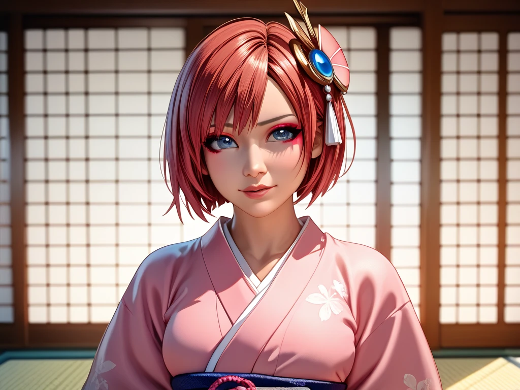 une femme, 25 ans, manga, cheveux longs, cheveux multicolor, topless, Top Details, kimono multicolor, masque kabuki