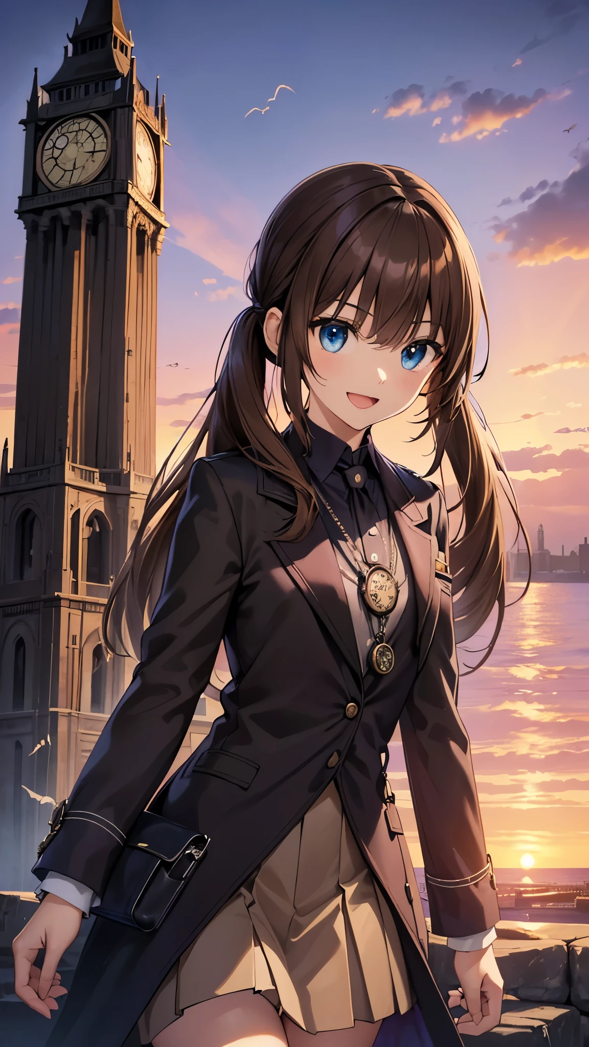 black long coat, very beautiful teenage tall girl,(16k, super high resolution , top quality,masterpiece, super detailed, Highly Detailed Facial Features,  perfect face,  Perfect Eyes , anatomically correct body), Straight hair& high twintail,blue eyes, hair between eyes, ((light brown hair:1.3)), school uniform, white shirt,break,red pleated skirt,break, purple tie, Tree Eyes,((:d:1.3)),(( sunset sky:1.3)),((Ocean and horizon at the back of the screen:1.3)),((clock
tower:1.3)),front shot, looking at camera,standing on stone bridge,looking up, lots of seagulls flying in the sky,evening,((Pocket watch:1.3))