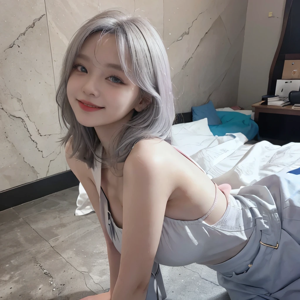 Best image quality、RAW Photos、超A high resolution、21 years old Korean、Small breasts、Dynamic Angle、Cowboy Shot、Chaos in its most beautiful form、elegant、Brutalist Design、Vibrant colors、Beautiful white hair、Short Bob、smile、fun、smile、Glowing White Skin、Beautiful eyes with random colors、Very thin lips、Beautiful eyes in every detail、length, Narrow eyes、Cheeks are pale pink、length eyelashes、Beautiful double eyelids、eye shadow、Bright white hair、Crop top、See-through shirt、Vibrant colors、Checkered Pleated Skirt、Bright room、Shooting from the side、Look up、Hands