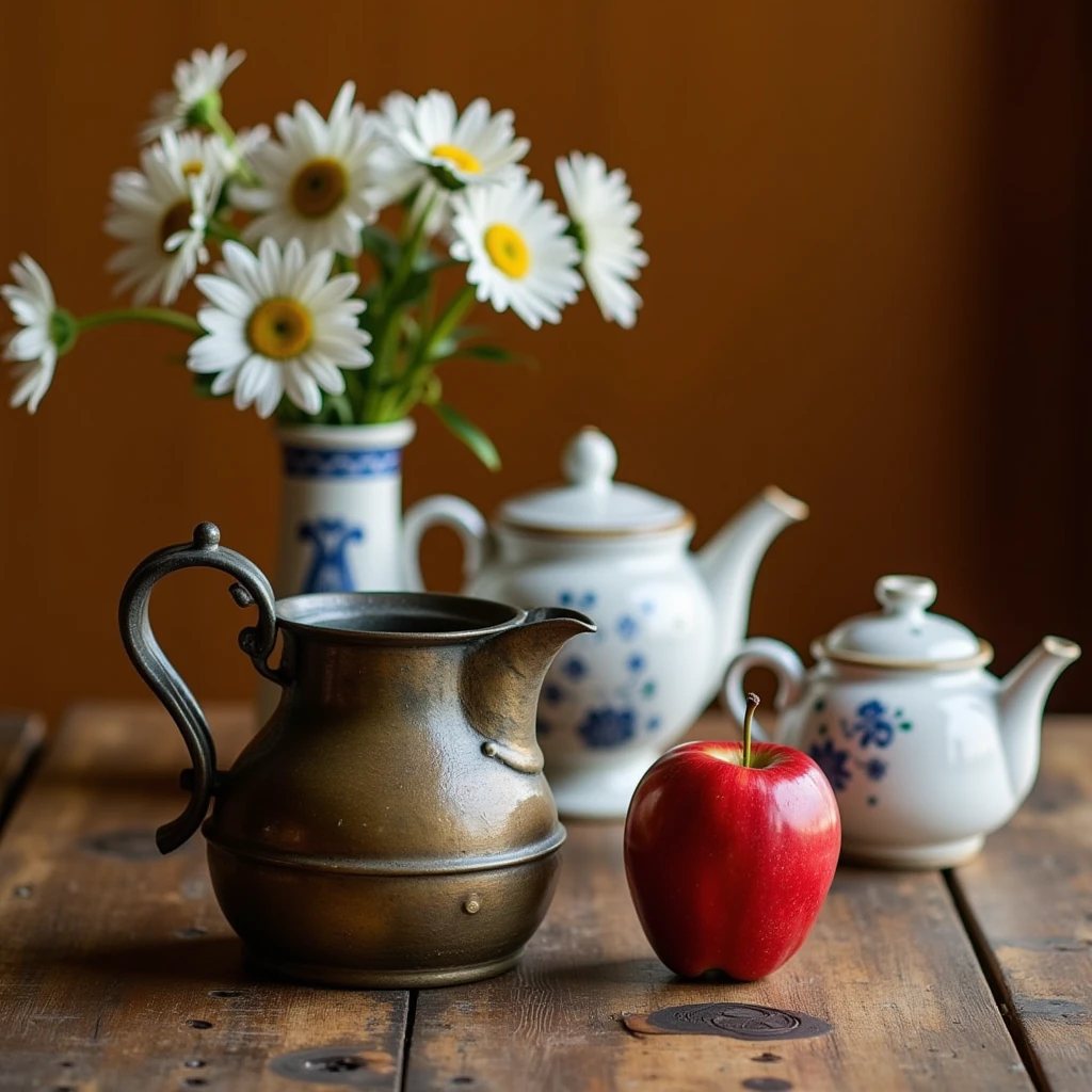 “A rustic still life arrangement on a wooden table with a warm, earthy background. The centerpiece features an antique, weathered metal kettle with a curved handle, placed next to a vibrant red apple. Beside them, there is a ceramic teapot adorned with floral designs and a larger white ceramic jar with delicate blue patterns. In the blurred background, a vase of white daisies adds a soft and natural touch to the scene. The lighting emphasizes the textures and contrasts, creating a nostalgic and cozy atmosphere.”