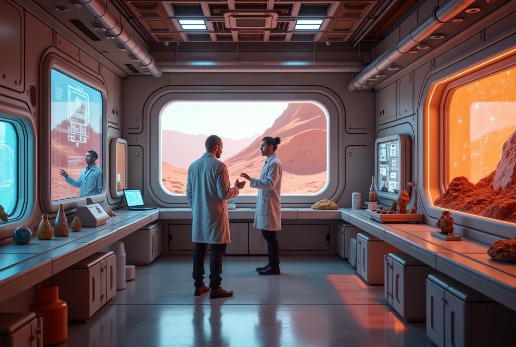 "A photorealistic view of a high-tech research lab on Mars. Scientists ...
